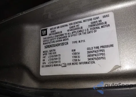 2003 Hummer H2 из США, поврежденный, VIN 5GRGN23U43H109124